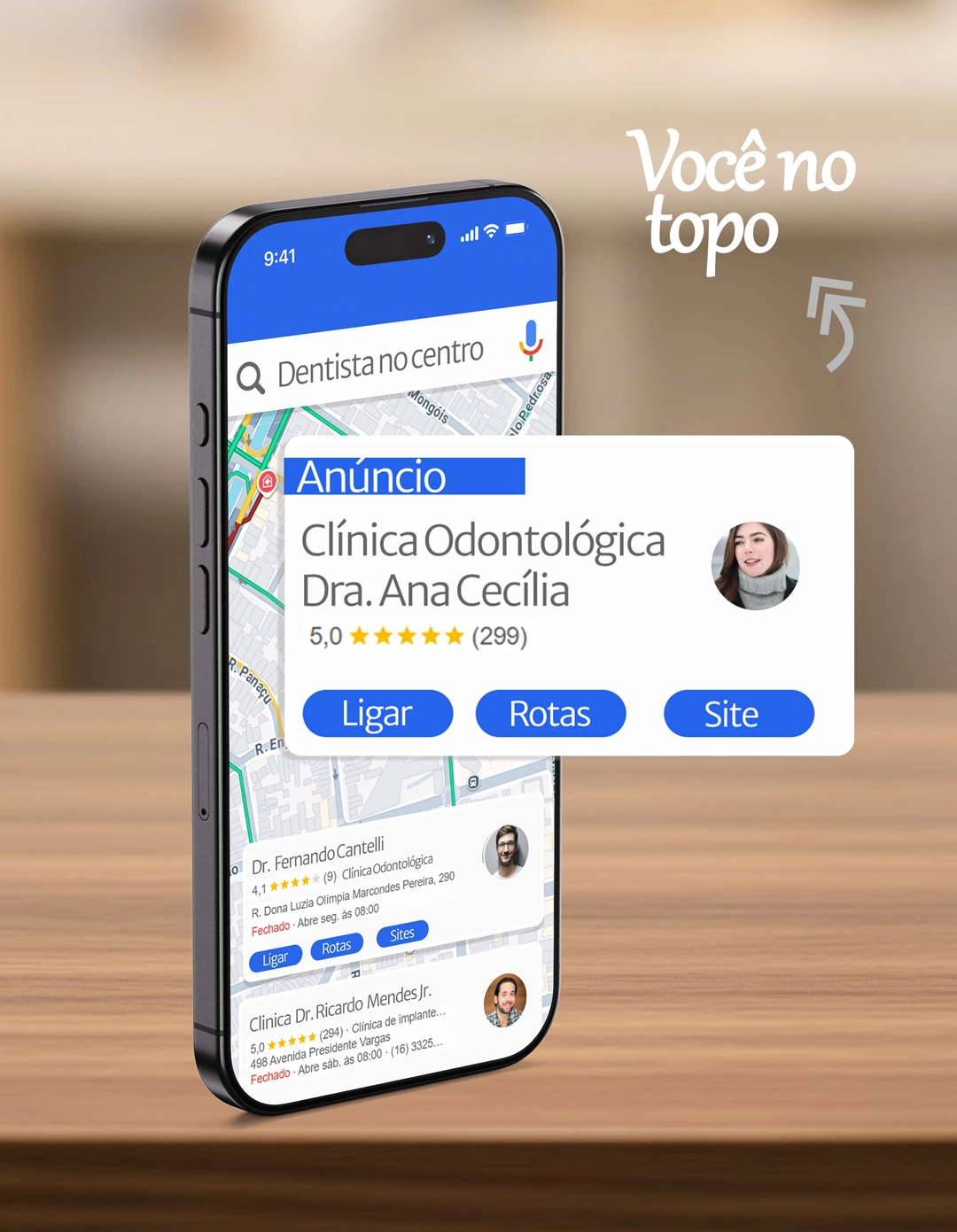 Mockup de pesquisa no Google Maps mostrando um negócio em primeiro lugar